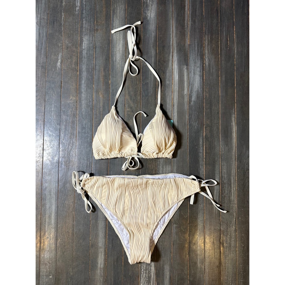 Aqua Eve Cream Ribbed Bikini Set Two Piece Swimsuit Halter Triangle Top